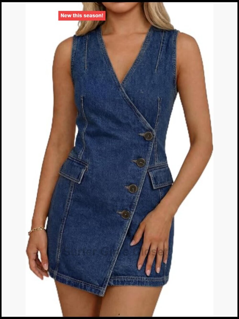 Sleeveless V Neck A-Line Denim Mini Dress, Button Front Casual Summer Jean Dress